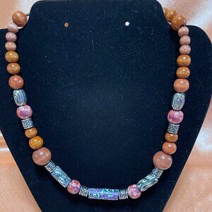 19" Handmade wooden beaded necklace with handmade Fimo beads.